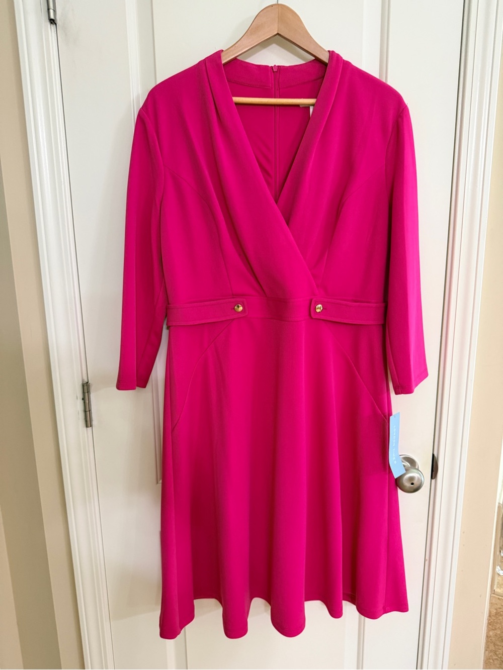 London Times Hot Pink Faux-Wrap A-Line Long Sleeve Dress